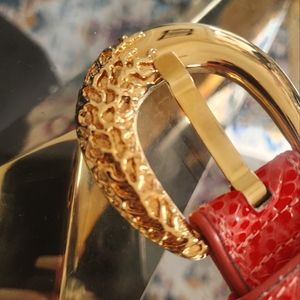 ESCADA Vintage Pink Leather Gold Leaves Studded Charm Belt Size 42